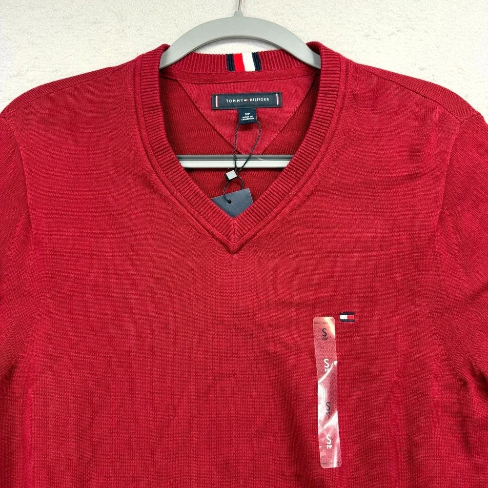 Tommy Hilfiger Sweater Mens Small Red‎ Iconic Flag Logo Ribbed Cuffed Hem V-Neck